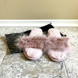 Fur Story Pink Furry Slippers with Faux Feathers